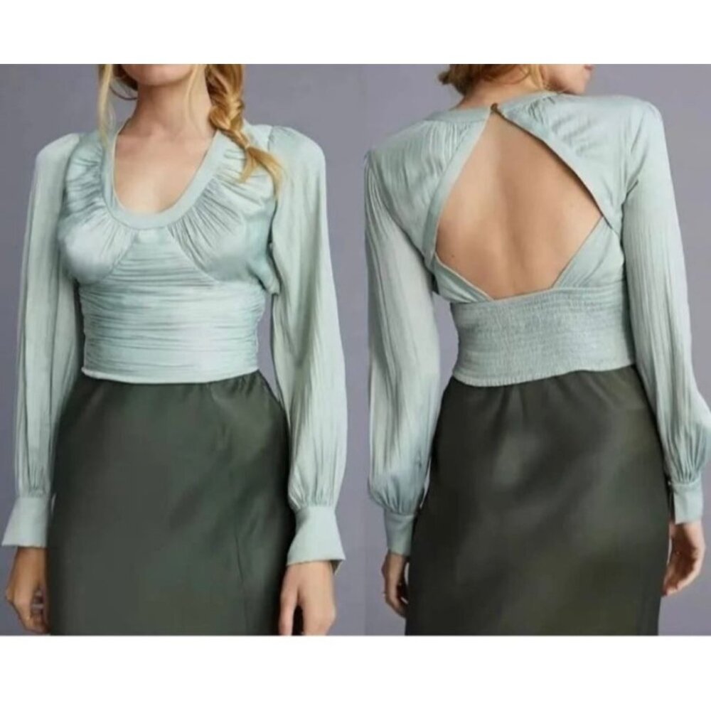 Anthropologie Blouson Sleeve Sage Green Long‎ Sleeve Ruched Top Size XS Coquette